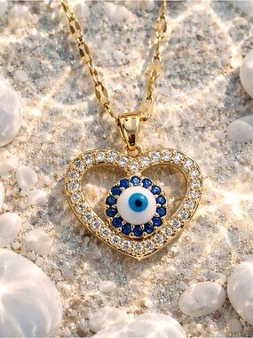 Gold tone Heart Evil Eye zircon Pendant Necklace with gift box